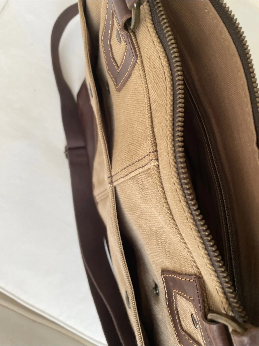 Geox Tan Canvas and Brown Leather Laptop Messenger Bag
